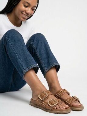 Universal Thread Woven Tan Buckle Slide Sandals